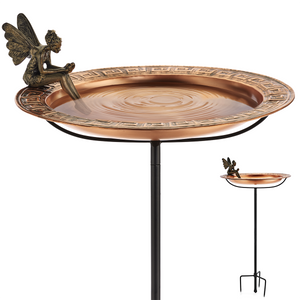 18" Greek Copper Bird Bath with Fairy and Garden Pole