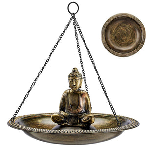 18" Hanging Aged Brass Bird Bath with Buddha