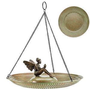 18" Hanging Blue Verde Copper Bird Bath with Fairy