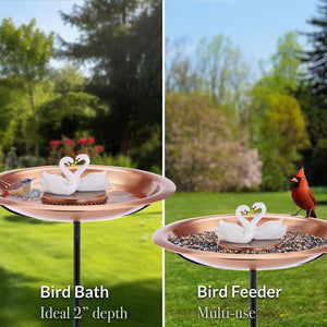 18" Matte Copper Bird Bath with Swans and Garden Pole