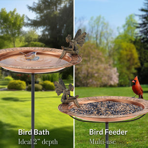 18" Greek Copper Bird Bath with Fairy and Garden Pole