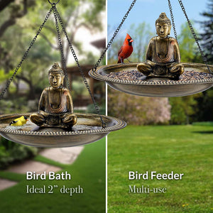 18" Hanging Aged Brass Bird Bath with Buddha