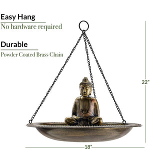 18" Hanging Aged Brass Bird Bath with Buddha