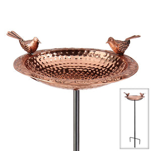 13" Pure Copper Bird Bath with Copper Birds and Garden Pole