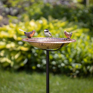 13" Pure Copper Bird Bath with Copper Birds and Garden Pole