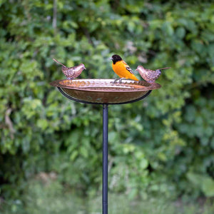 13" Pure Copper Bird Bath with Copper Birds and Garden Pole