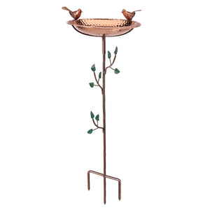 13" Pure Copper Bird Bath with Copper Birds and Decorative Garden Pole