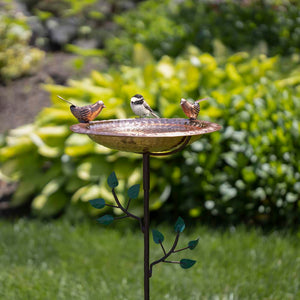 13" Pure Copper Bird Bath with Copper Birds and Decorative Garden Pole