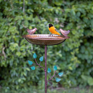 13" Pure Copper Bird Bath with Copper Birds and Decorative Garden Pole