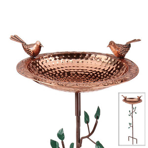 13" Pure Copper Bird Bath with Copper Birds and Decorative Garden Pole