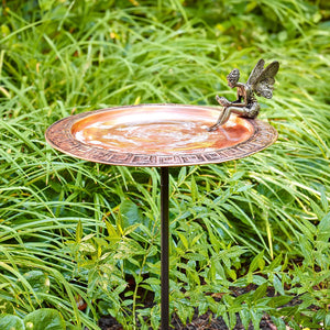 18" Greek Copper Bird Bath with Fairy and Garden Pole