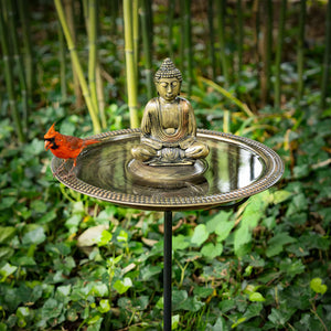 18" Beaded Copper Bird Bath with Buddha and Garden Pole