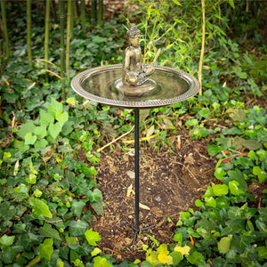 18" Beaded Copper Bird Bath with Buddha and Garden Pole