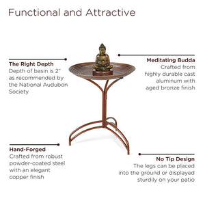 20" Copper Bird Bath with Buddha and Stand