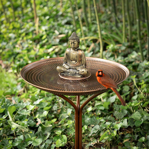 20" Copper Bird Bath with Buddha and Stand