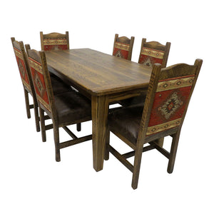 Barnwood Dining Chairs with Upholstered Back & Leather Seats around a dining table 