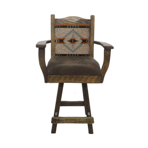 Barnwood Swivel Bar Stool Upholstered Back & Leather Seat with Arms - 24" or 30"