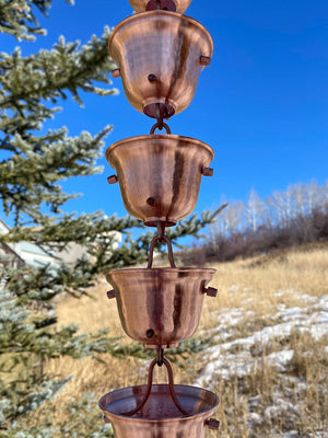 Longer length view of Bell Cups Rain Chain in Copper