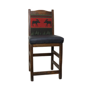 Distressed Bar Stool with Upholstered Back & Leather Seat