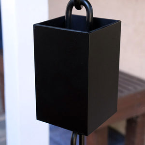 close up view Square Kenchiku Rain Chain in Black